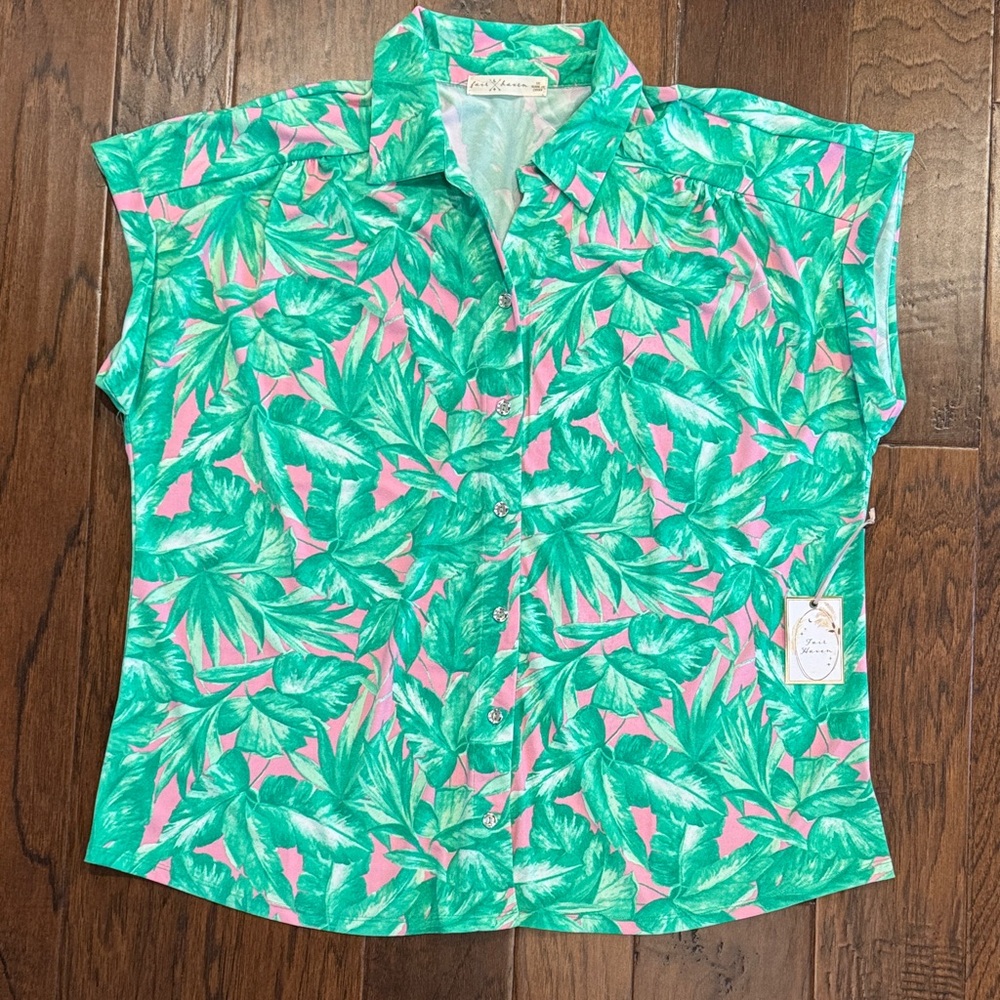 Fair Haven Tropical Leaf Print Button-Up Blouse sz 3XL NWT
